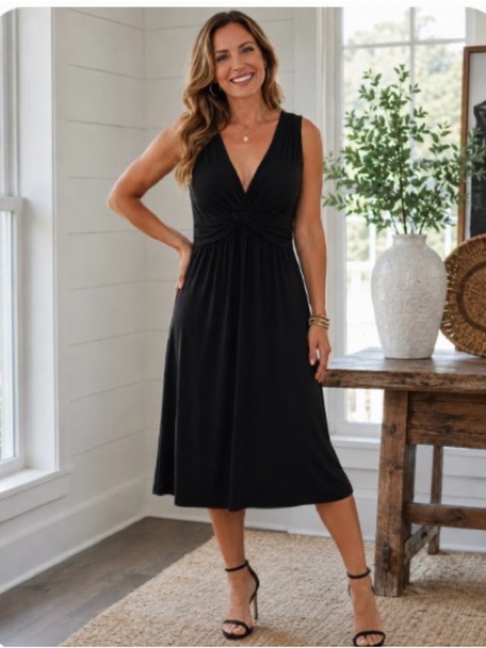 Spense Black Twist-Front Midi Dress | Women’s Medium